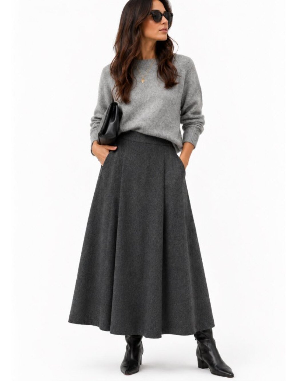 Evan Picone Charcoal Gray Full A-Line Skirt
